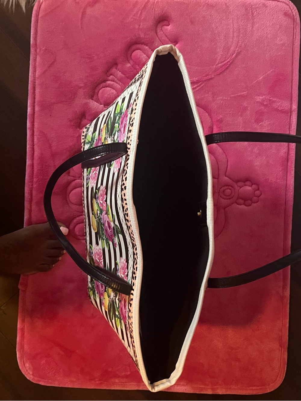 Betsey Johnson Black & White Striped Tote with Pink Florals and Yellow Lemons - Picture 4 of 4
